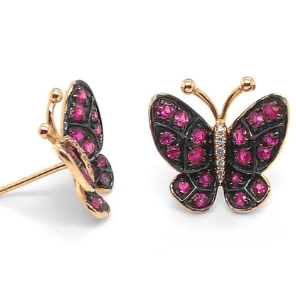 18k yellow gold butterfly stud earrings with pink sapphires and diamond accents