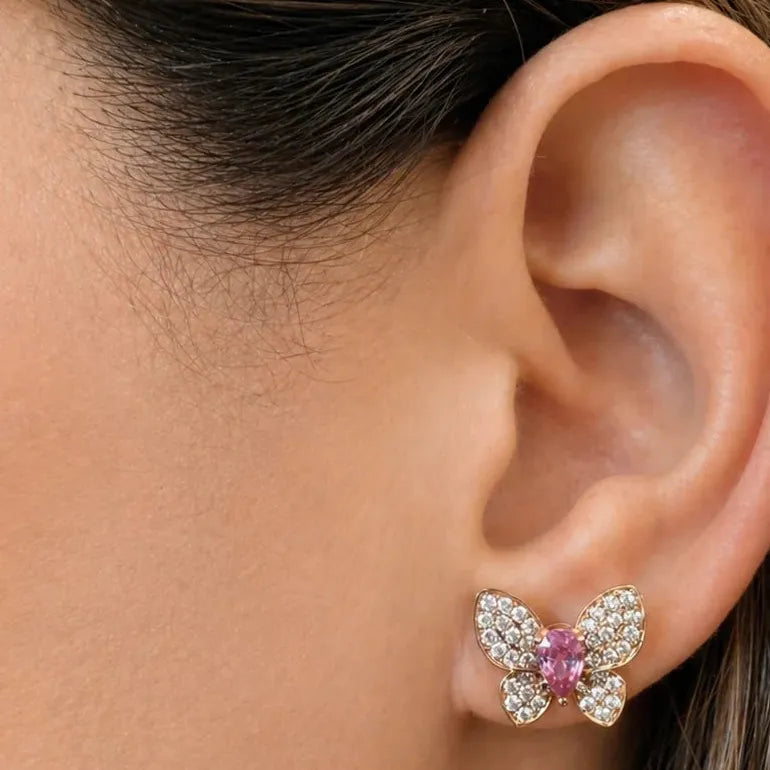 Pink sapphire and diamond butterfly earrings in 18k rose gold by Diamond Tales