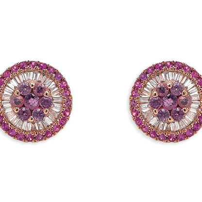 18k yellow gold cluster stud earrings with central pink sapphires and a diamond baguette-and-round border