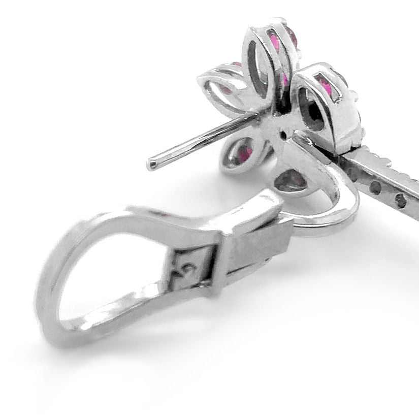 18k white gold earrings with pink sapphires, diamonds, and South Sea pearls by Diamond Tales