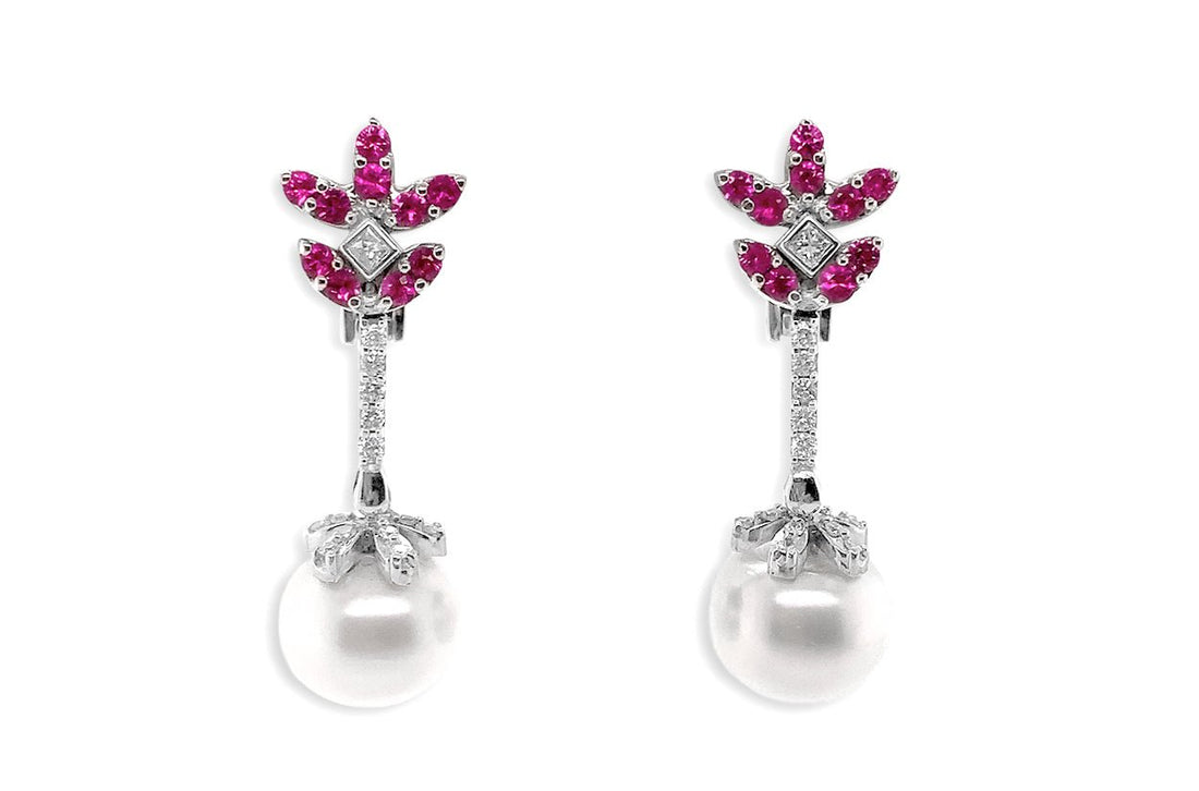 18k white gold earrings with pink sapphires, diamonds, and South Sea pearls by Diamond Tales
