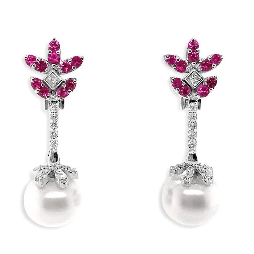 18k white gold earrings with pink sapphires, diamonds, and South Sea pearls by Diamond Tales