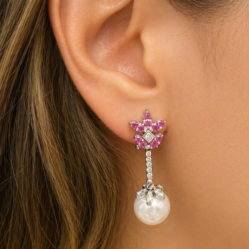 18k white gold earrings with pink sapphires, diamonds, and South Sea pearls by Diamond Tales