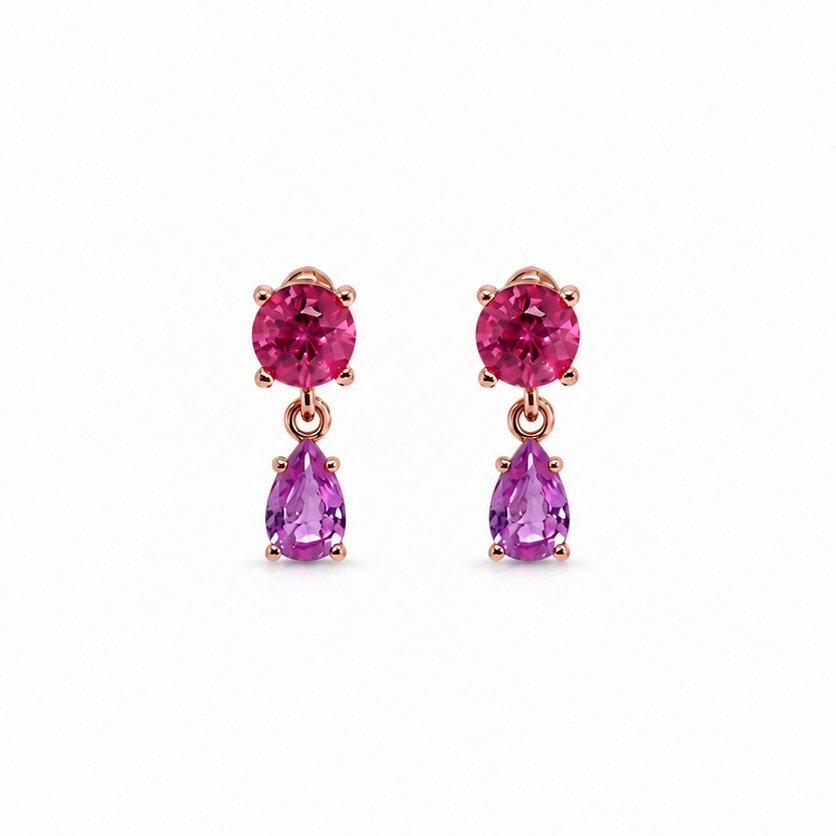 14k rose gold drop earrings with round pink tourmaline and pear pink sapphires