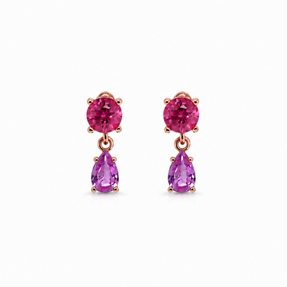 14k rose gold drop earrings with round pink tourmaline and pear pink sapphires