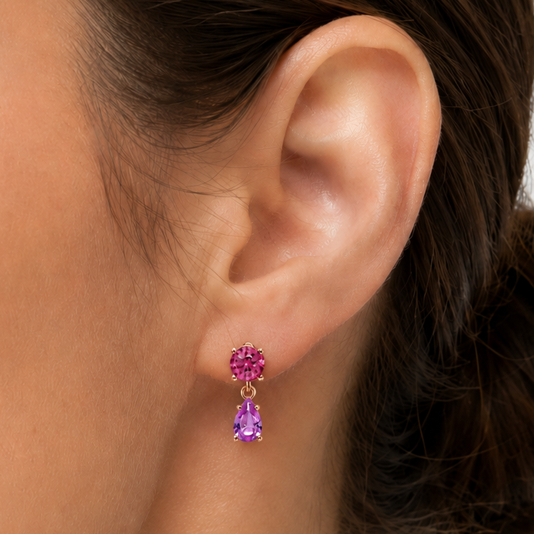 Detail of the pink tourmaline and pink sapphire drop setting in rose gold
