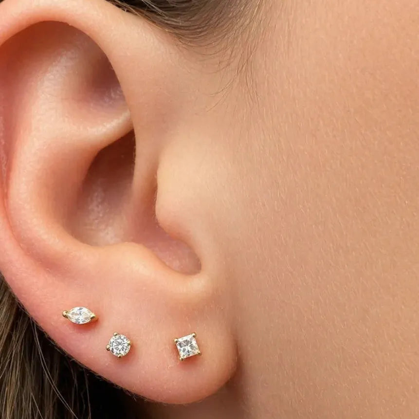 14k gold mini stud earrings with princess-cut diamonds