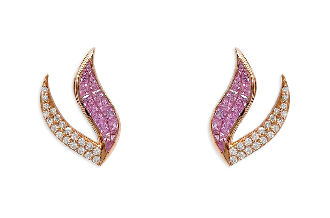 18k rose gold stud earrings with princess-cut pink sapphires and round diamond accents