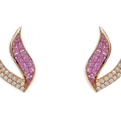18k rose gold stud earrings with princess-cut pink sapphires and round diamond accents