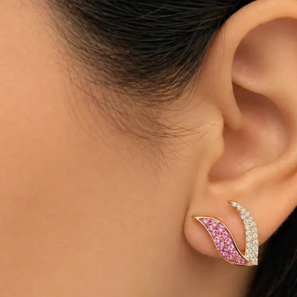 18k rose gold stud earrings with princess-cut pink sapphires and round diamond accents