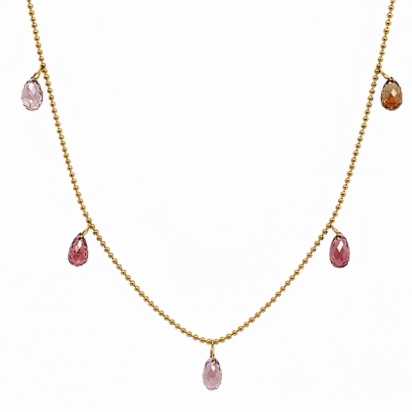 14k gold shaker necklace with five purple sapphires