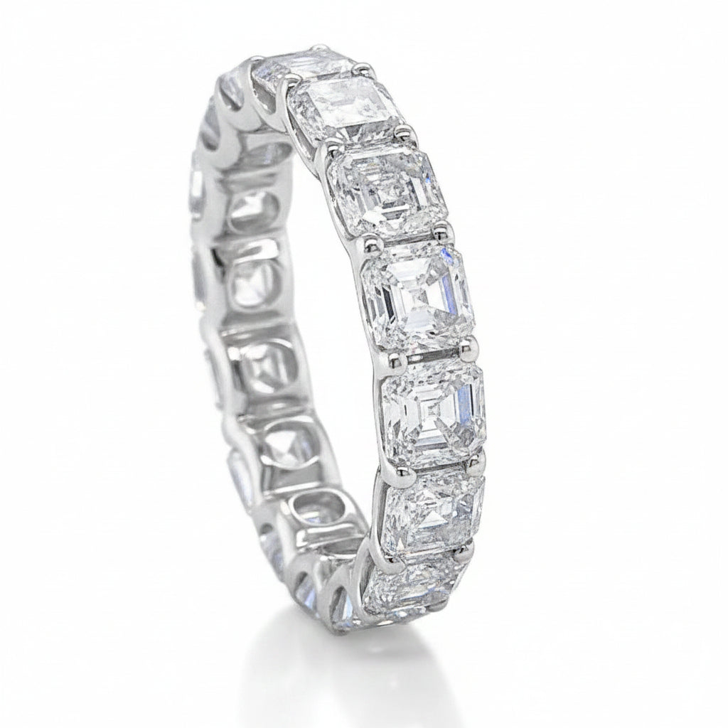 radiant cut lab diamond eternity ring in platinum with 4.96 carats total weight