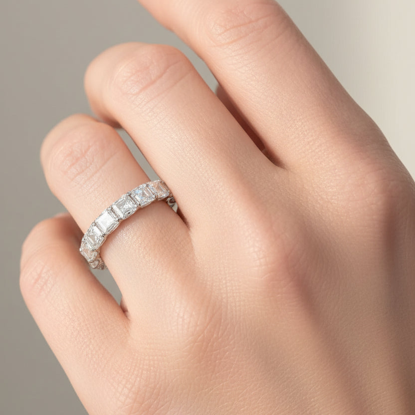 radiant cut lab diamond eternity ring in platinum with 4.96 carats total weight