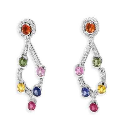 18k gold chandelier earrings with multicolor sapphires and diamond accents