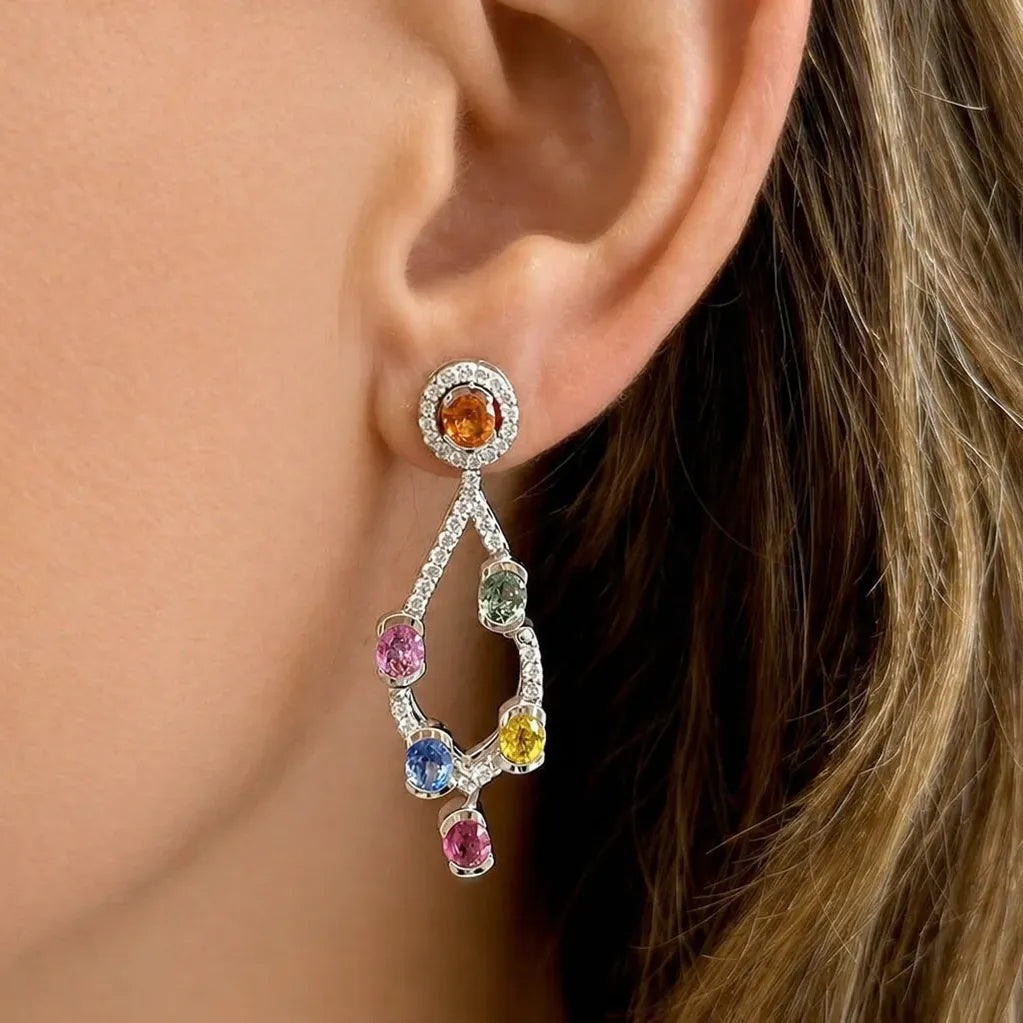18k gold chandelier earrings with multicolor sapphires and diamond accents