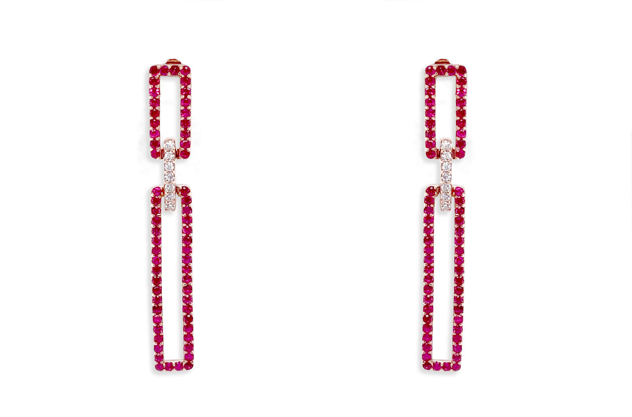 18k yellow gold drop earrings with rectangular ruby panels and diamond accents