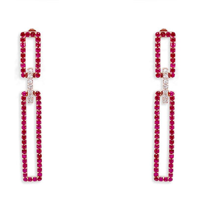 18k yellow gold drop earrings with rectangular ruby panels and diamond accents