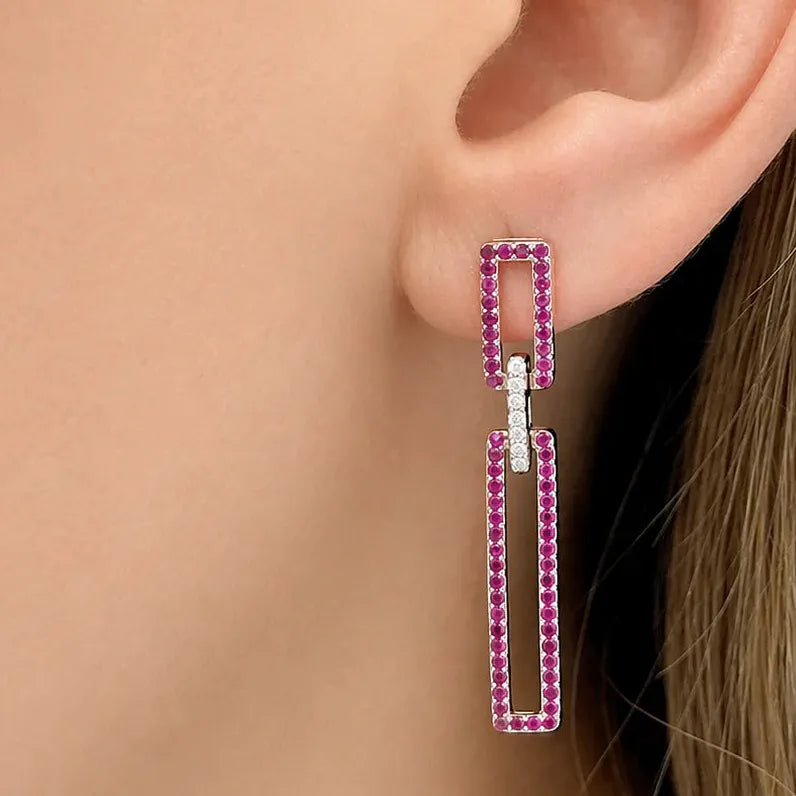 18k yellow gold drop earrings with rectangular ruby panels and diamond accents