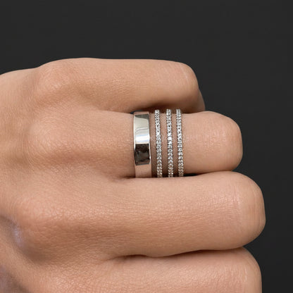14k white gold ring with three rows of diamonds