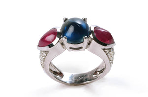 Ring Ruby & Sapphire Cabochon White Gold - Diamond Tales Fine Jewelry