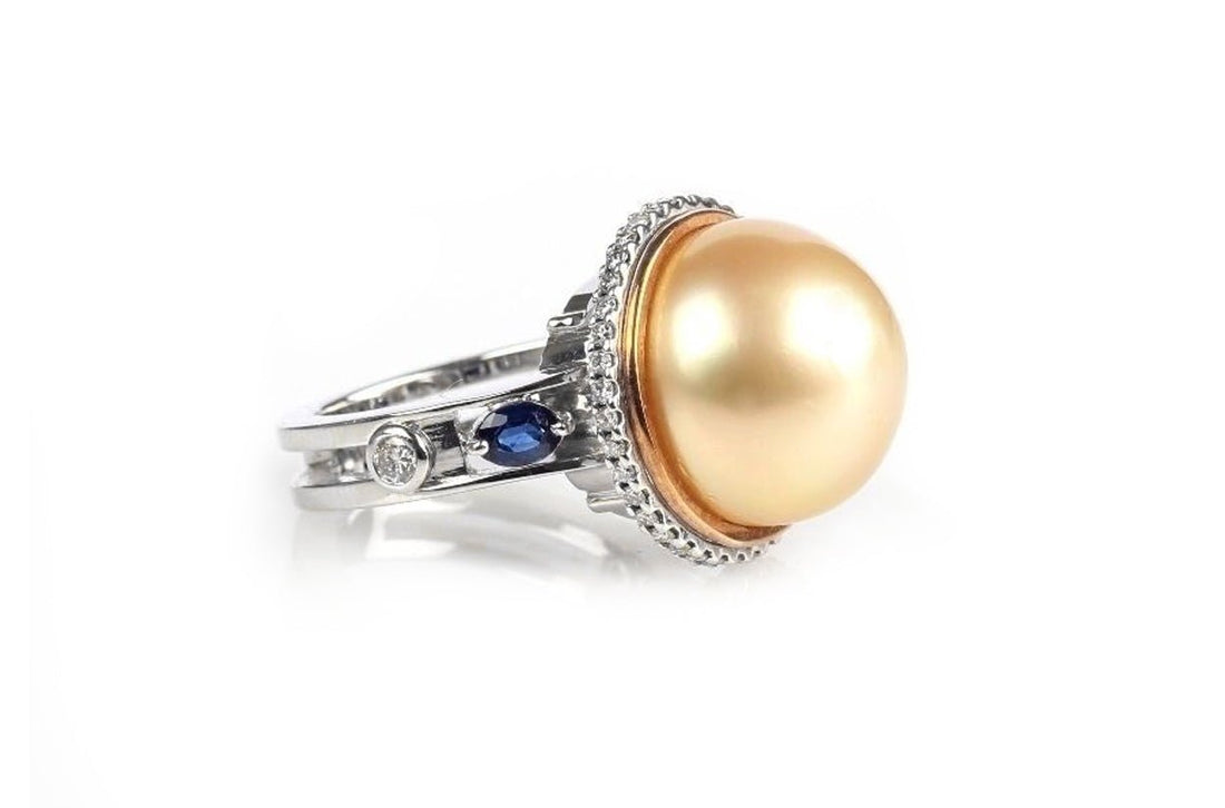 Ring South Sea Golden Pearl with Diamonds &amp; Blue Sapphire - Diamond Tales Fine Jewelry