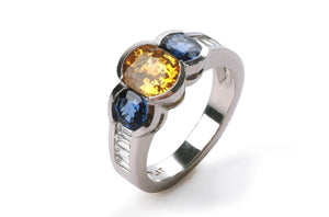 Ring Yellow & Blue Oval Sapphires in Platinum - Diamond Tales Fine Jewelry