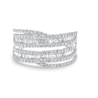 18k white gold double-band ring with approximately 0.80 ct round and baguette-cut diamonds