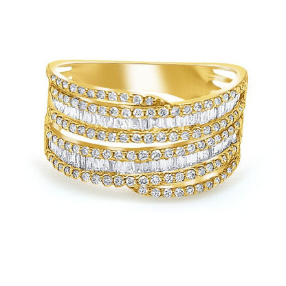 18k yellow gold double-band ring with 130 round and baguette-cut diamonds totaling approximately 0.80 cts