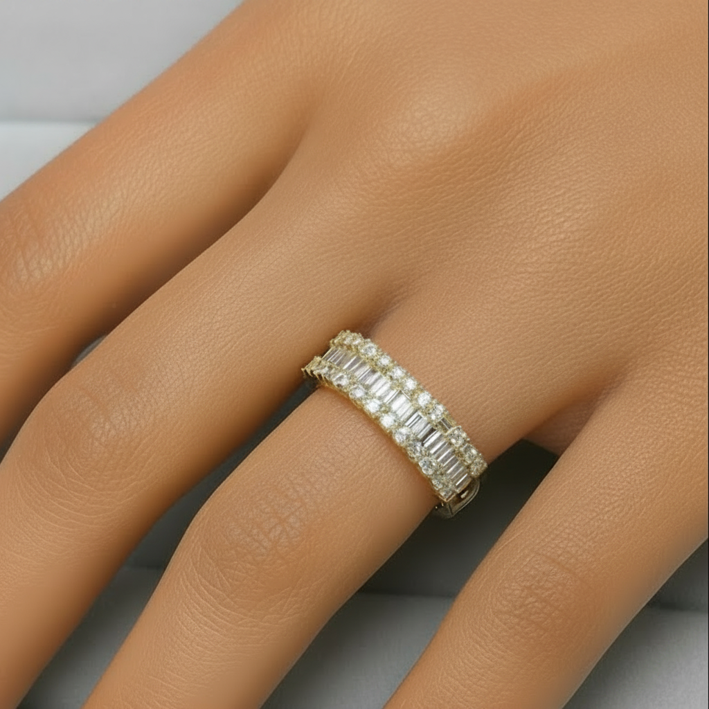 18k yellow gold half band ring with round and baguette diamonds by Diamond Tales