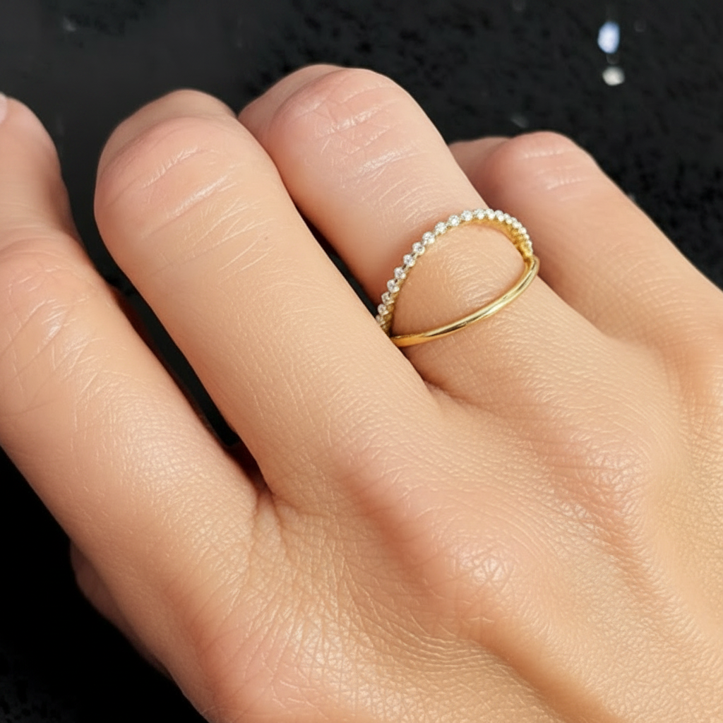14k yellow gold double curved band ring with round brilliant diamonds by Diamond Tales