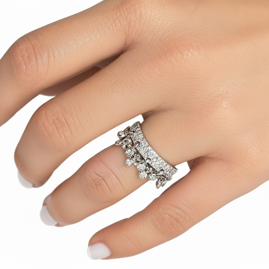 18k white gold double curved band ring with round brilliant diamonds by Diamond Tales