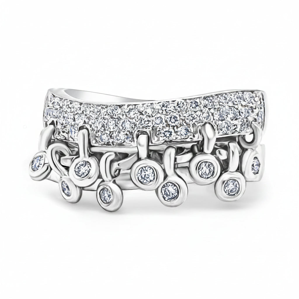 18k white gold double curved band ring with round brilliant diamonds by Diamond Tales