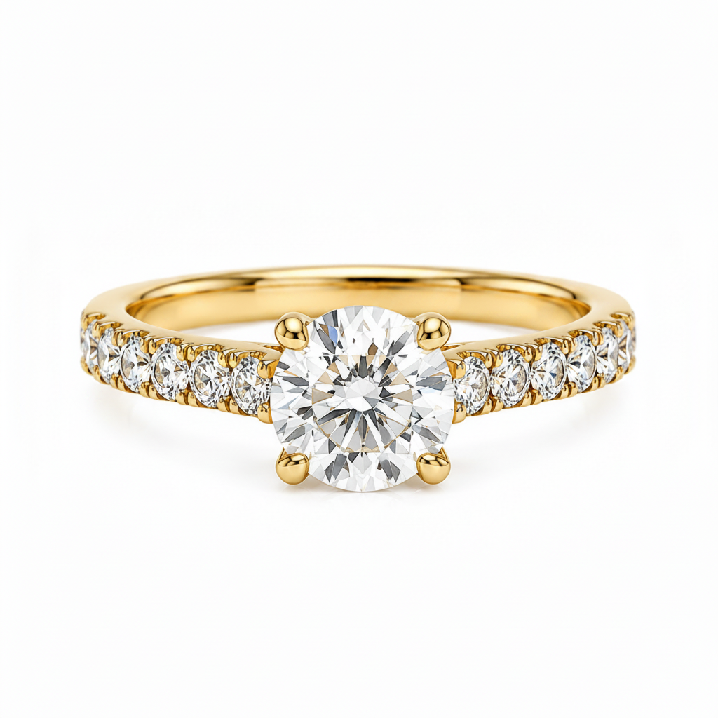 18k gold ring with 1.05 cts round diamond and pavé diamonds