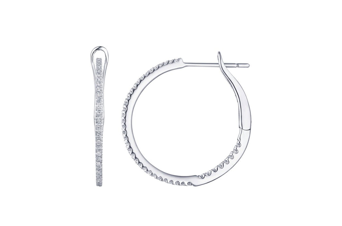 14k white gold hoop earrings, 27 mm diameter, with front-facing diamond pave