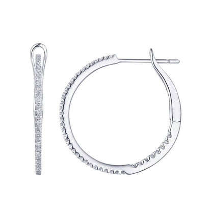 14k white gold hoop earrings, 27 mm diameter, with front-facing diamond pave