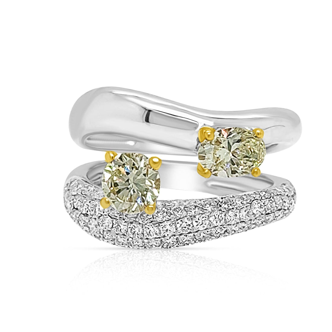 18k gold double curved band ring with round and oval diamonds by Diamond Tales