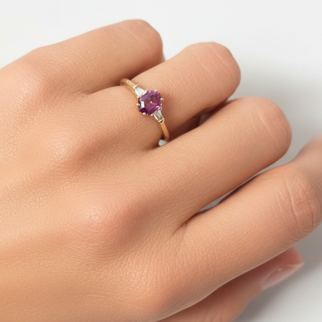 18k yellow gold ring with rubies and baguette diamonds by Diamond Tales