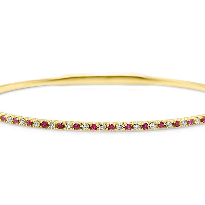 14k yellow gold bangle bracelet with rubies and round brilliant diamonds by Diamond Tales