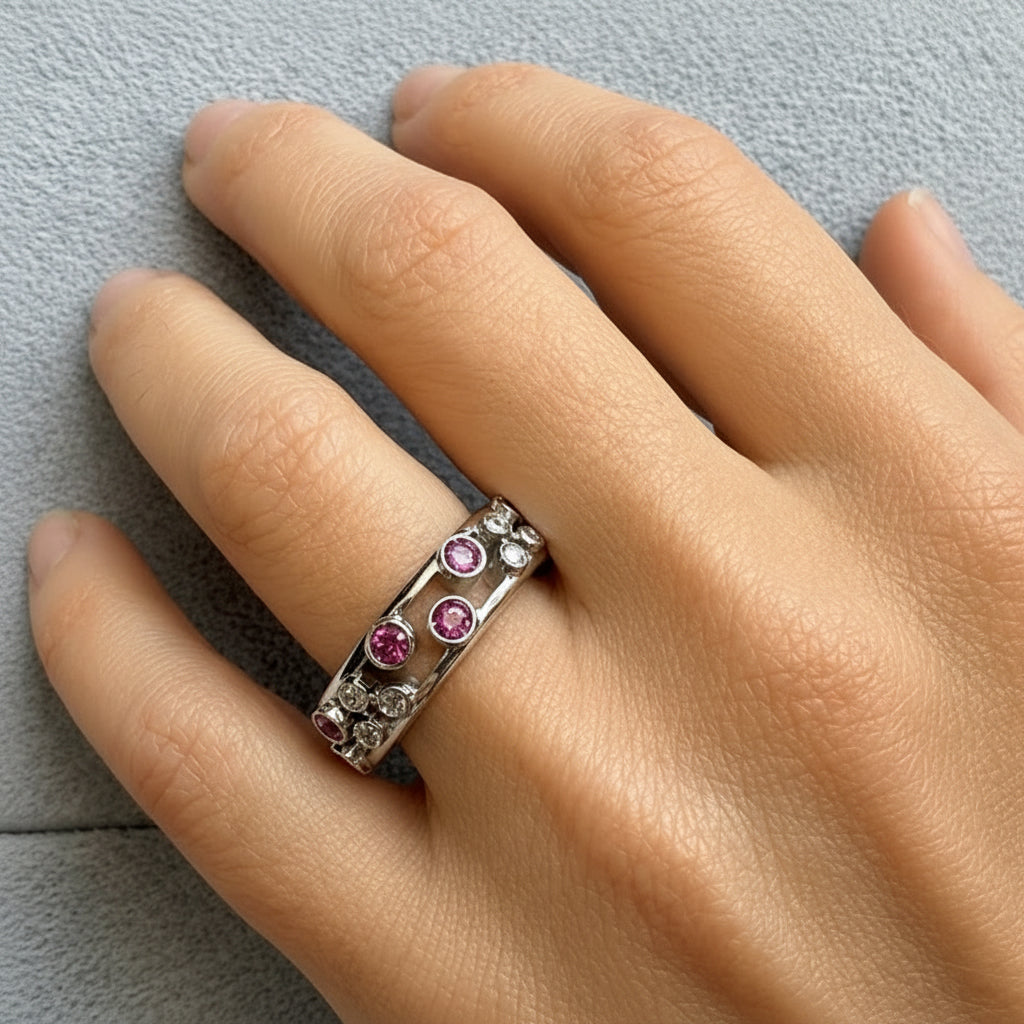 18k white gold ring with rubies and natural round diamonds