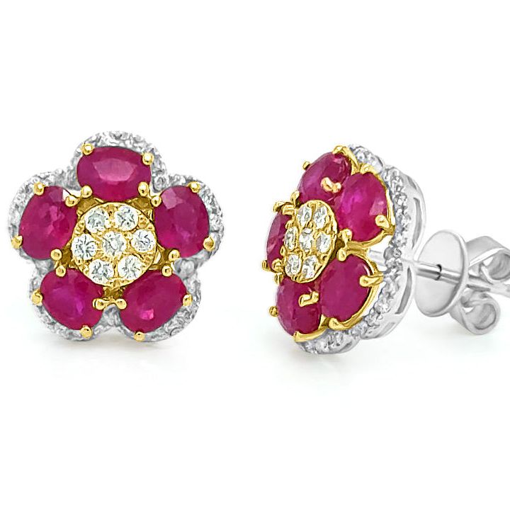 18k yellow and white gold ruby and diamond flower earrings by Diamond Tales