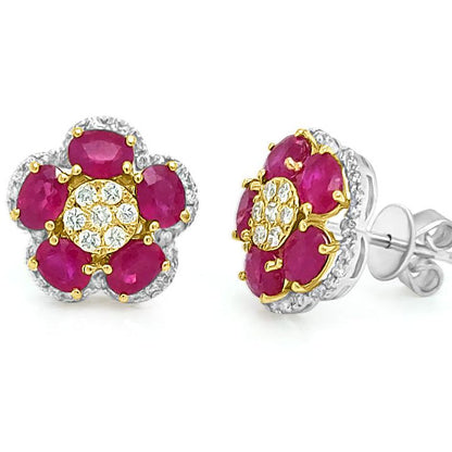 18k yellow and white gold ruby and diamond flower earrings by Diamond Tales