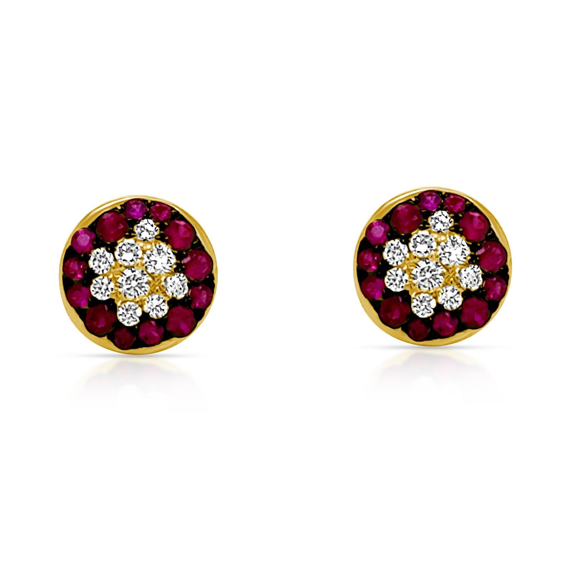 18k yellow gold ruby and diamond round cluster earrings by Diamond Tales