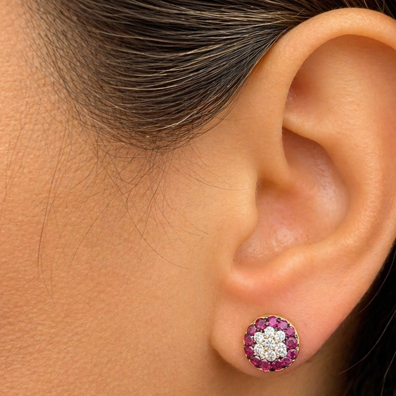 18k yellow gold ruby and diamond round cluster earrings by Diamond Tales