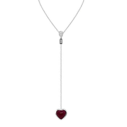 18k white gold Y-style necklace with a ruby heart and diamond accents