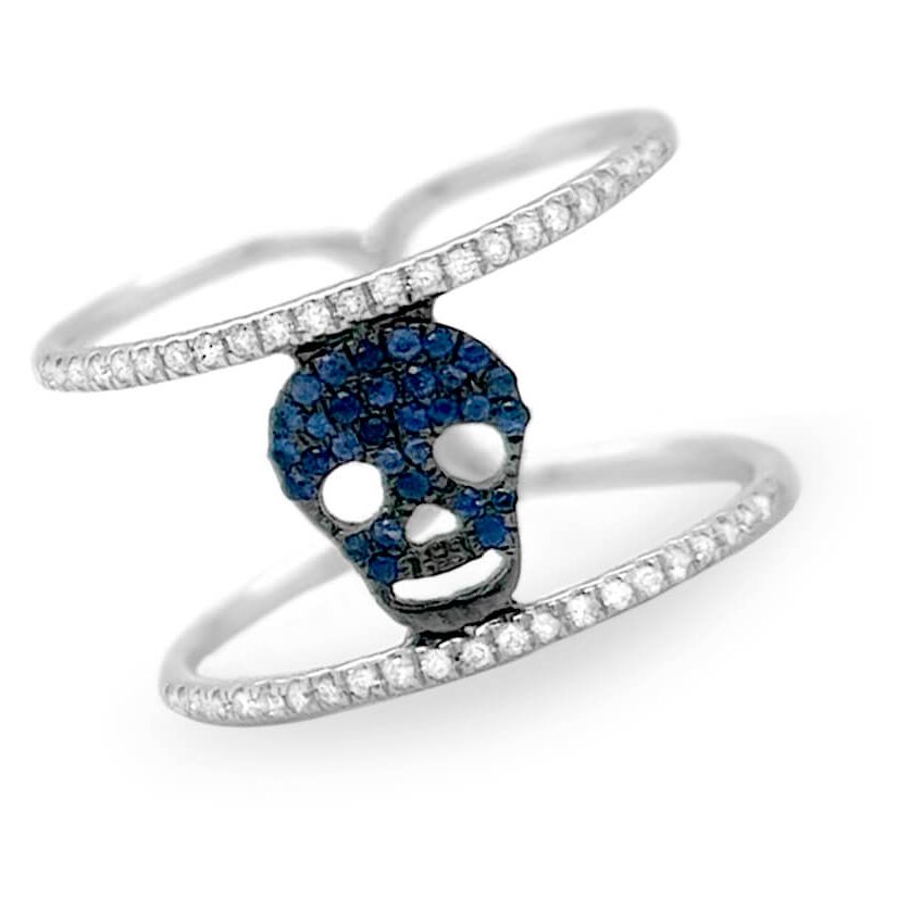 18k gold skull ring with blue sapphires and double row diamonds by Diamond Tales