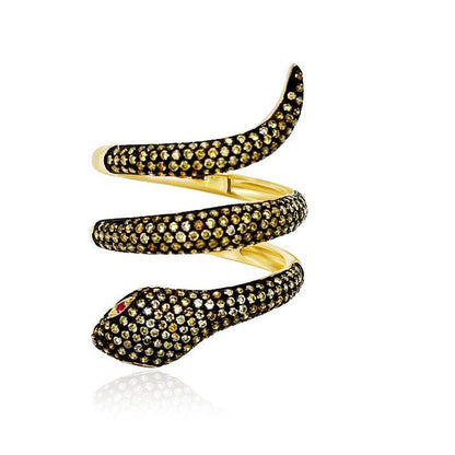 18k yellow gold snake ring with rubies and yellow pave diamonds totaling approximately 0.99 carats