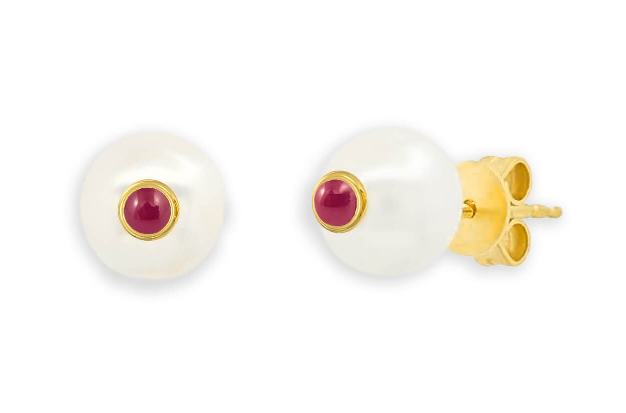 18k yellow gold stud earrings with South Sea pearls and a center ruby or blue sapphire cabochon