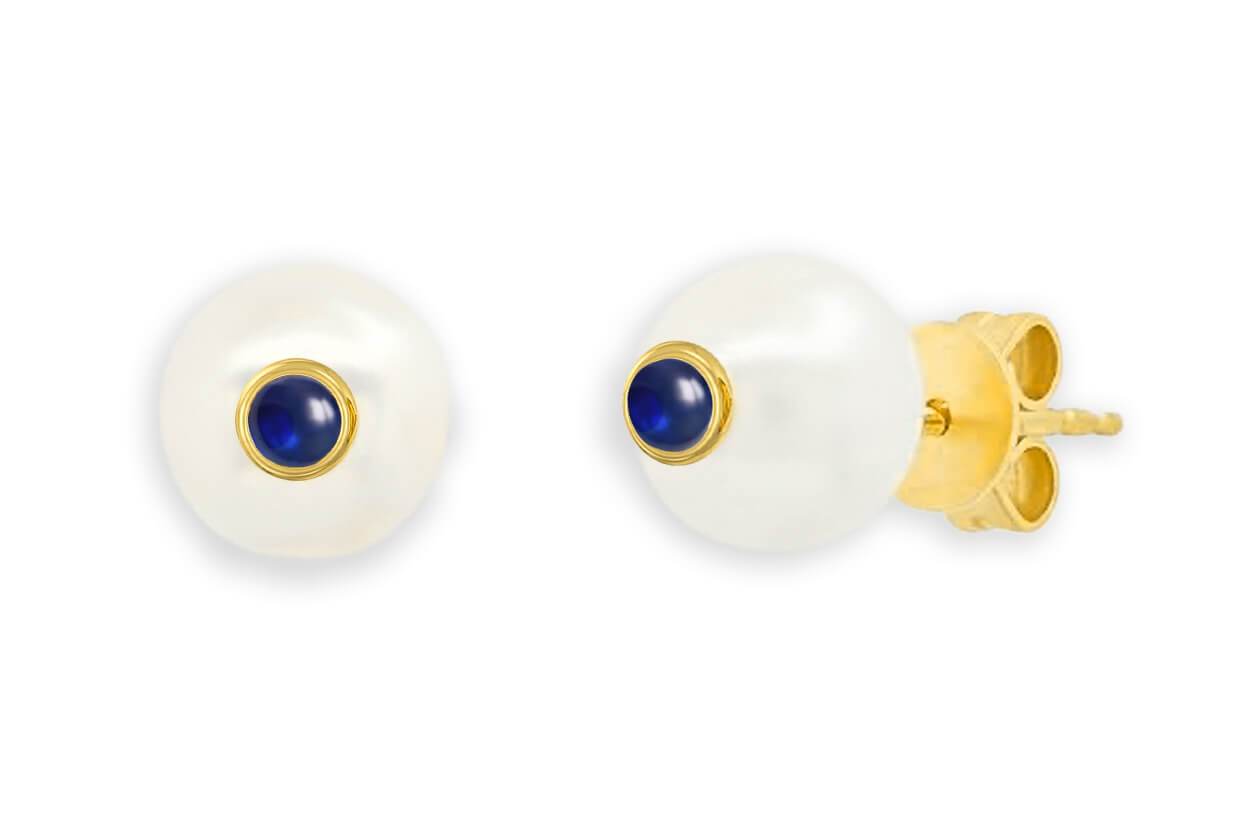 18k yellow gold stud earrings with South Sea pearls and a center ruby or blue sapphire cabochon