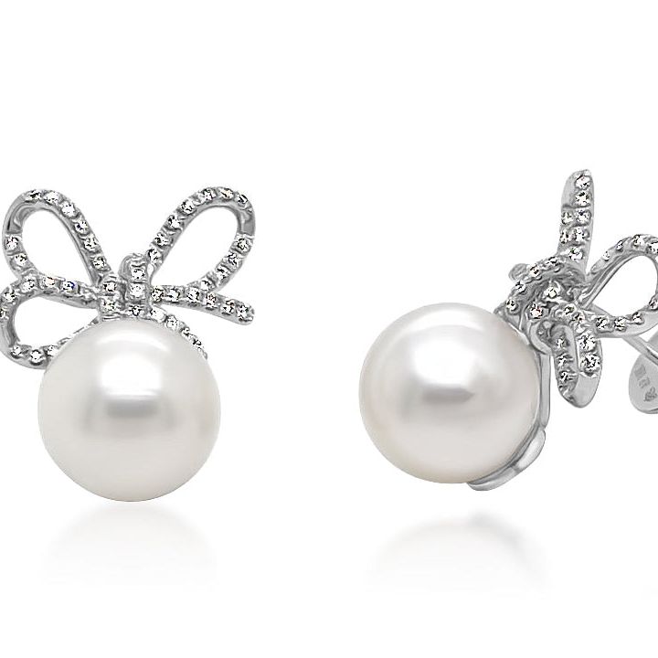 18k gold South Sea pearl and diamond bow earrings by Diamond Tales