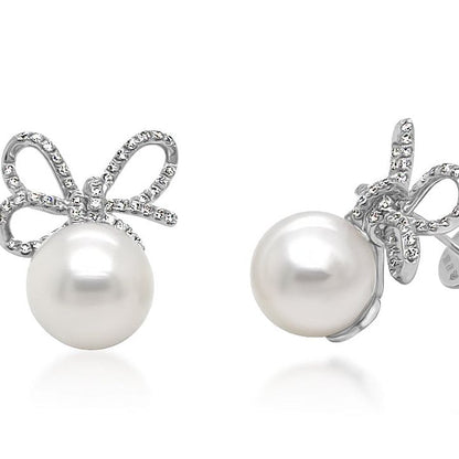 18k gold South Sea pearl and diamond bow earrings by Diamond Tales